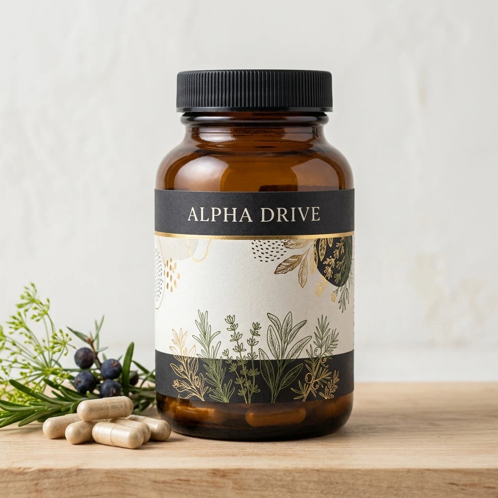 Alpha Drive kosttillskott 60 kapslar - vit burk med blå hexagonetikett
